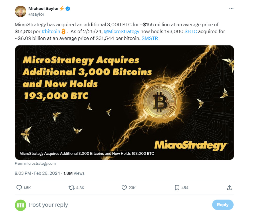 MicroStrategy mua thêm 3.000 BTC với giá 155 triệu USD