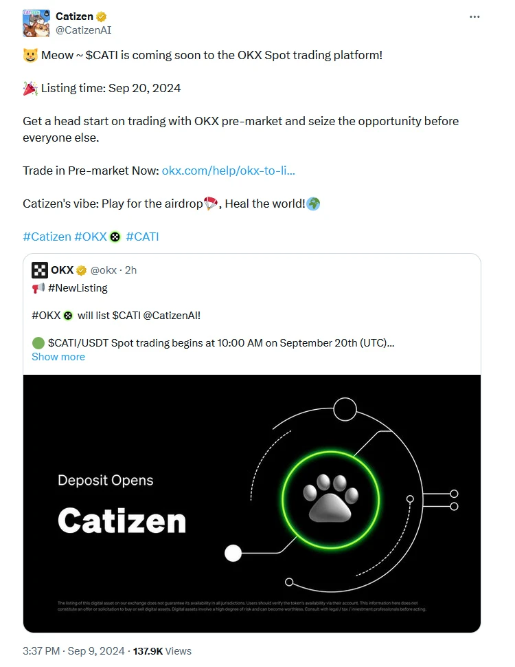 Catizen ra mắt token CATI vào ngày 20/09