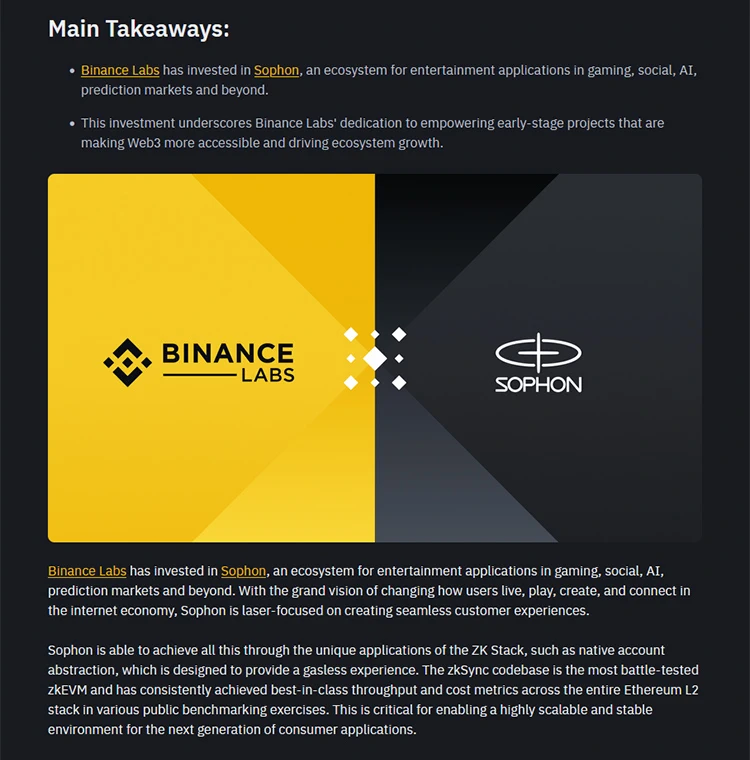 Thông báo đầu tư vào Sophon của Binance Labs