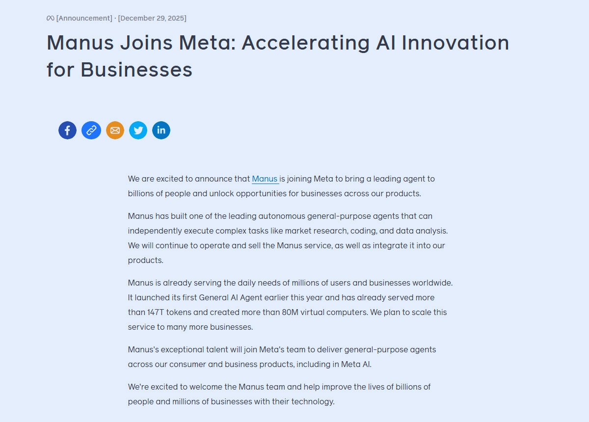 Meta chi 2 tỉ USD thâu tóm startup AI Manus