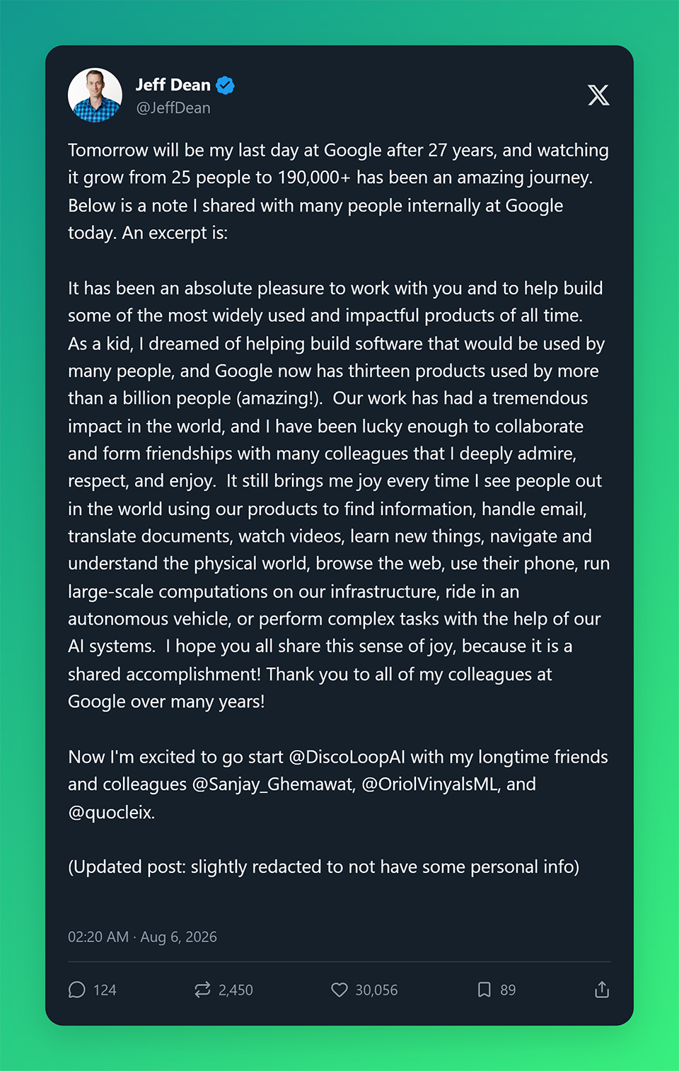Jeff Dean rời Google
